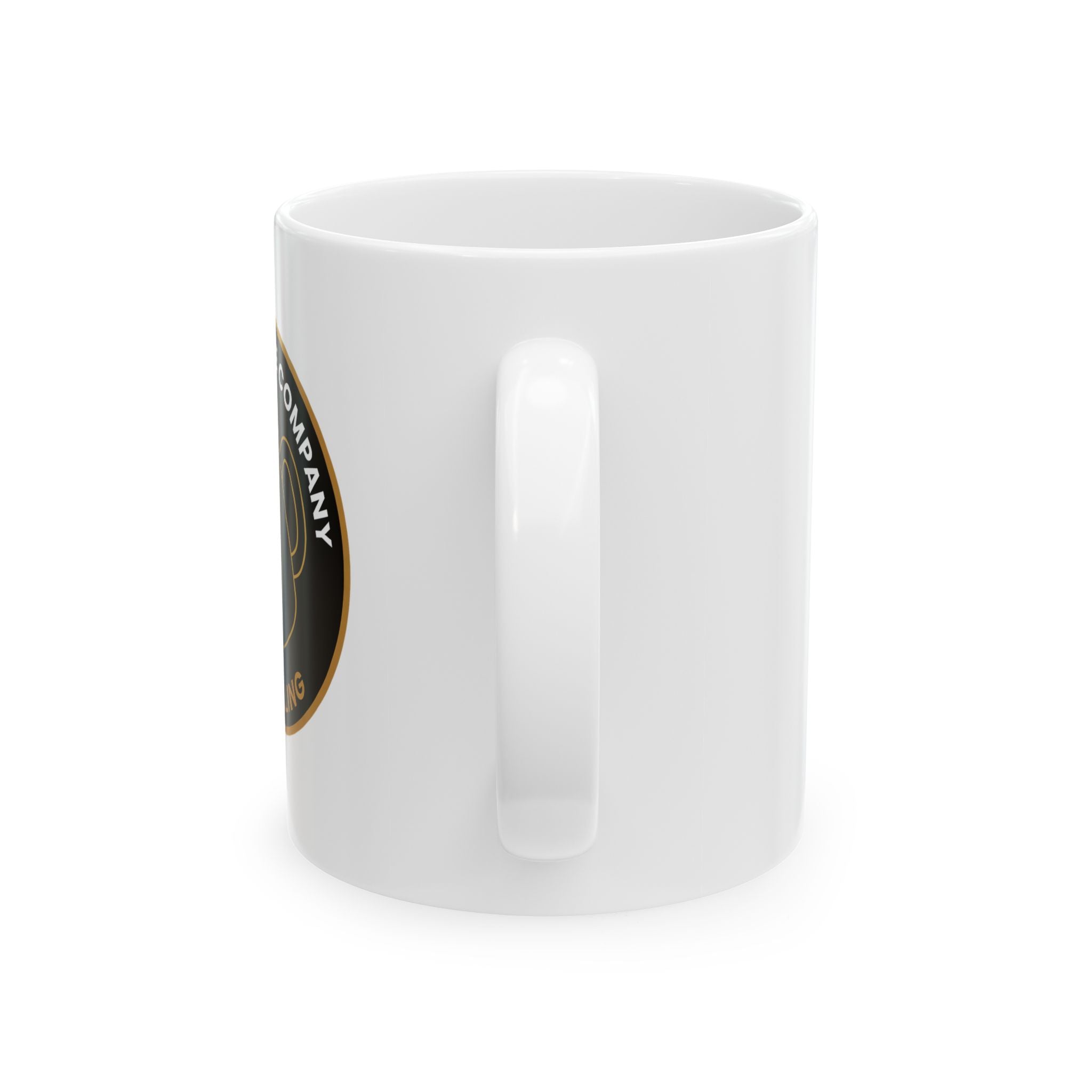 White mug with a  logo on a white background (side view)