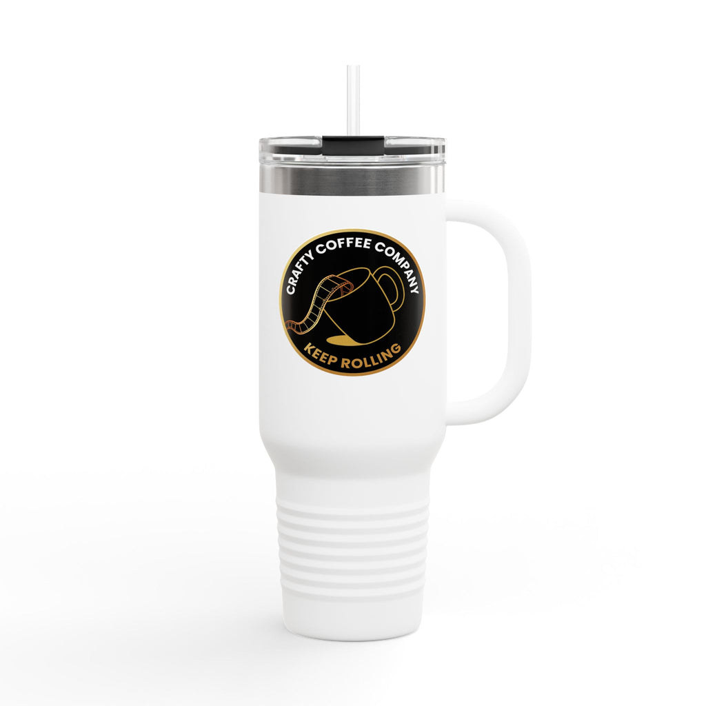 White travel mug with a Crafty Coffee Company  logo on a white background