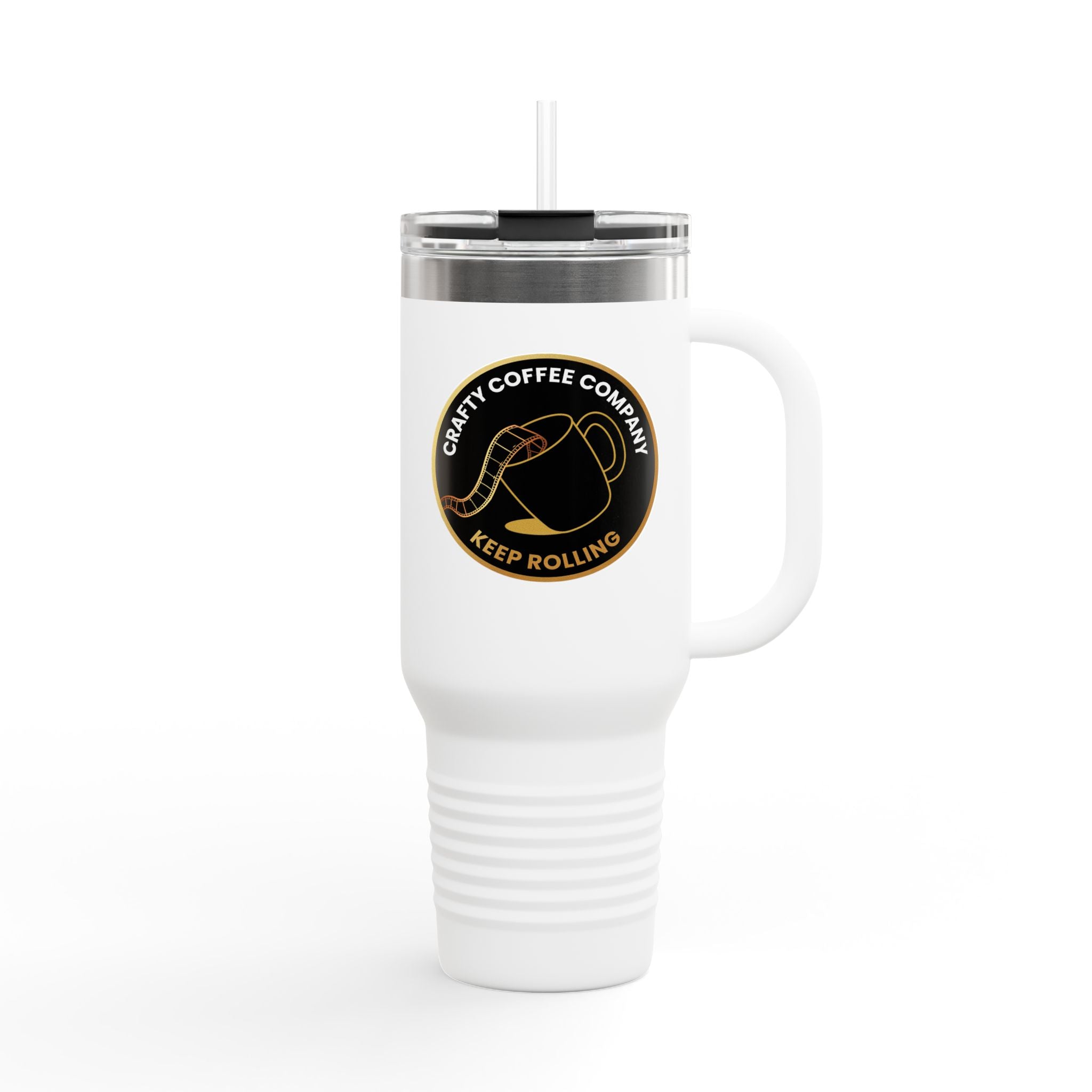 White travel mug with a Crafty Coffee Company  logo on a white background