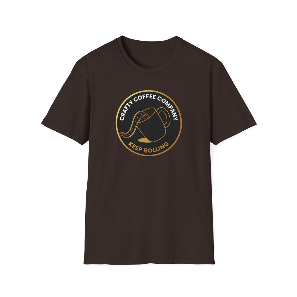 Gray t-shirt with Crafty Coffee Company logo on a white background