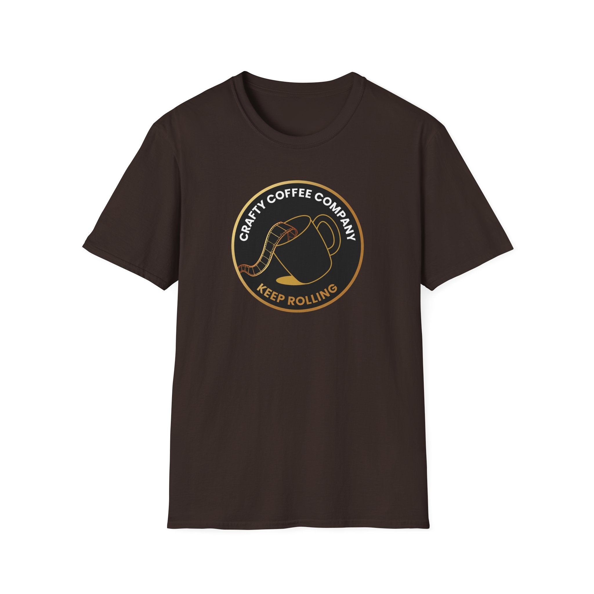Gray t-shirt with Crafty Coffee Company logo on a white background