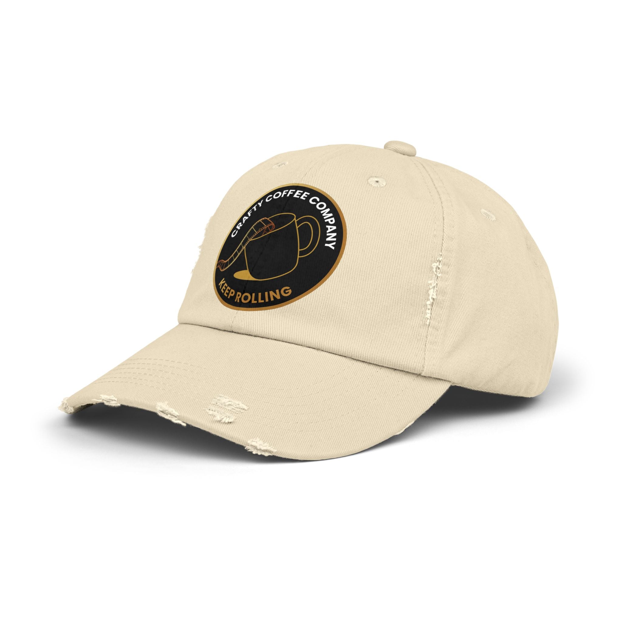 Beige cap with  the Crafty Coffee Company logo against a white background
