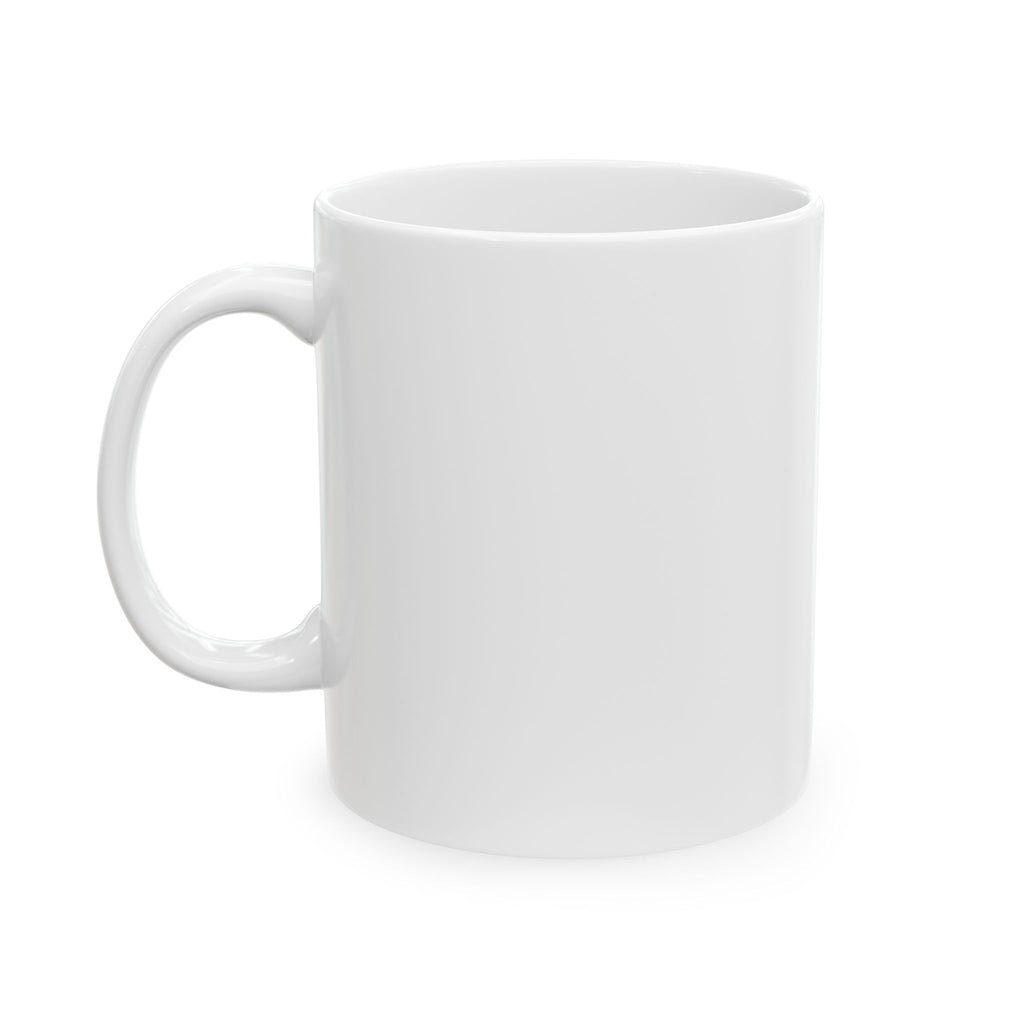 White ceramic mug on a white background (rear view)