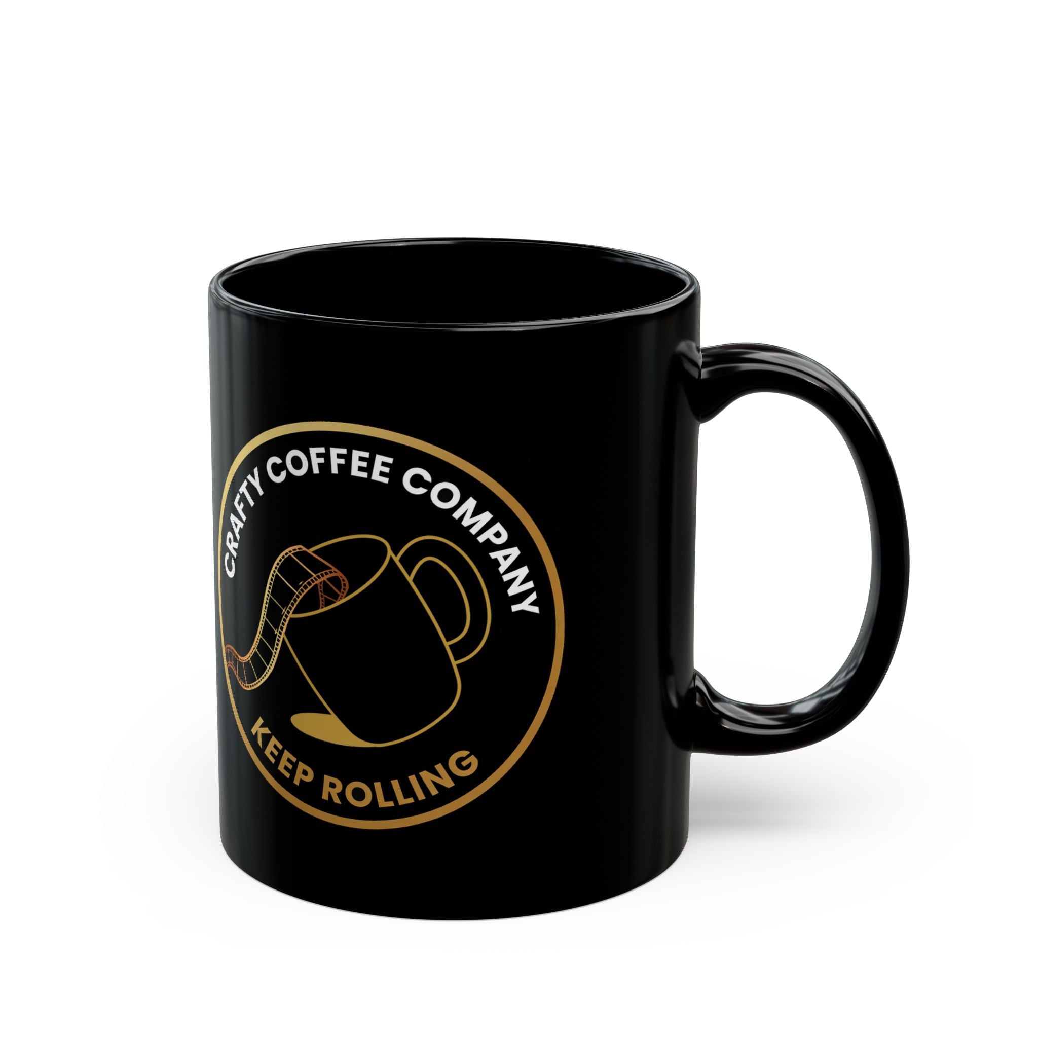 Black mug with the Crafty Coffee Company logo on a white background