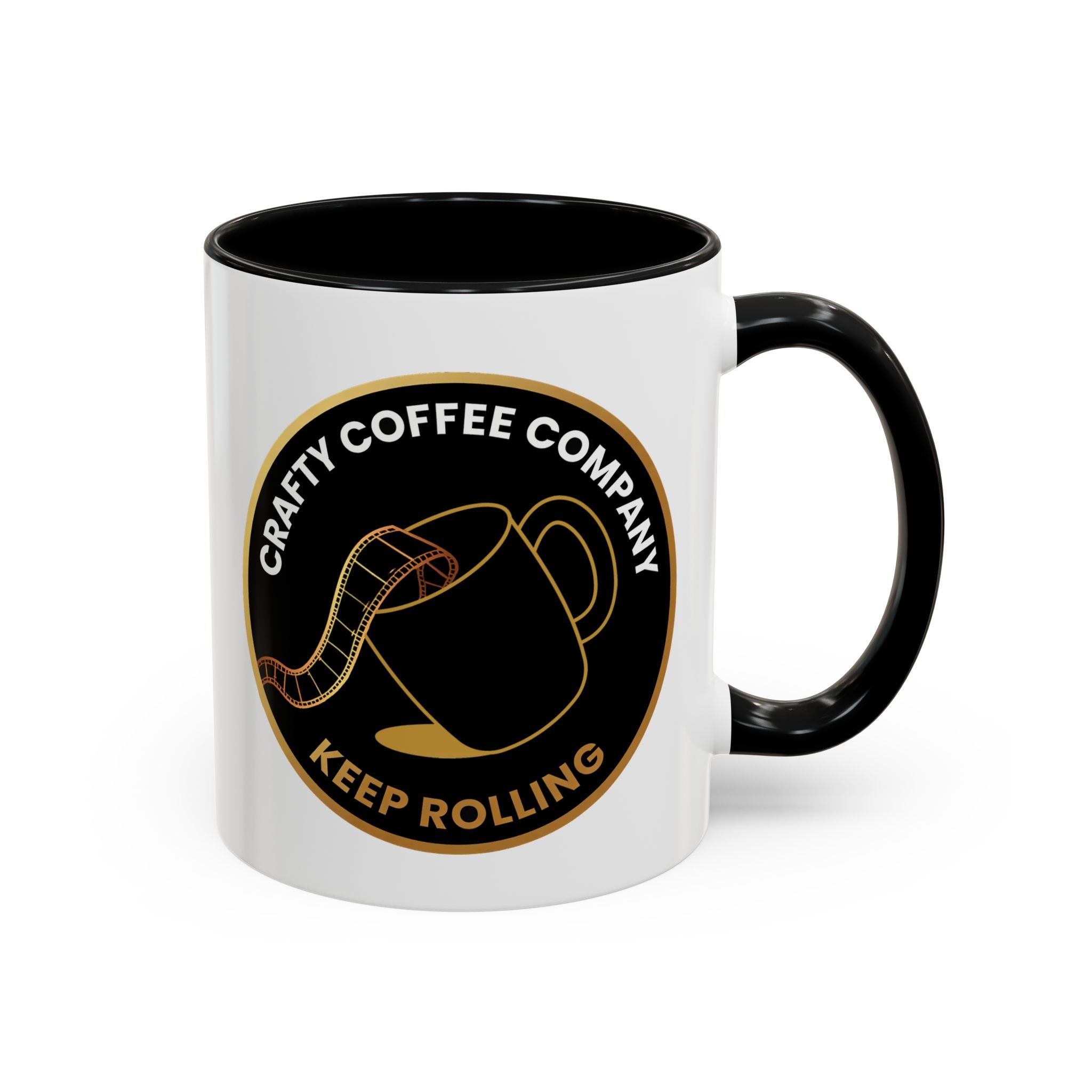 White mug with black interior and handle, featuring the Crafty Coffee Company logo on a white background