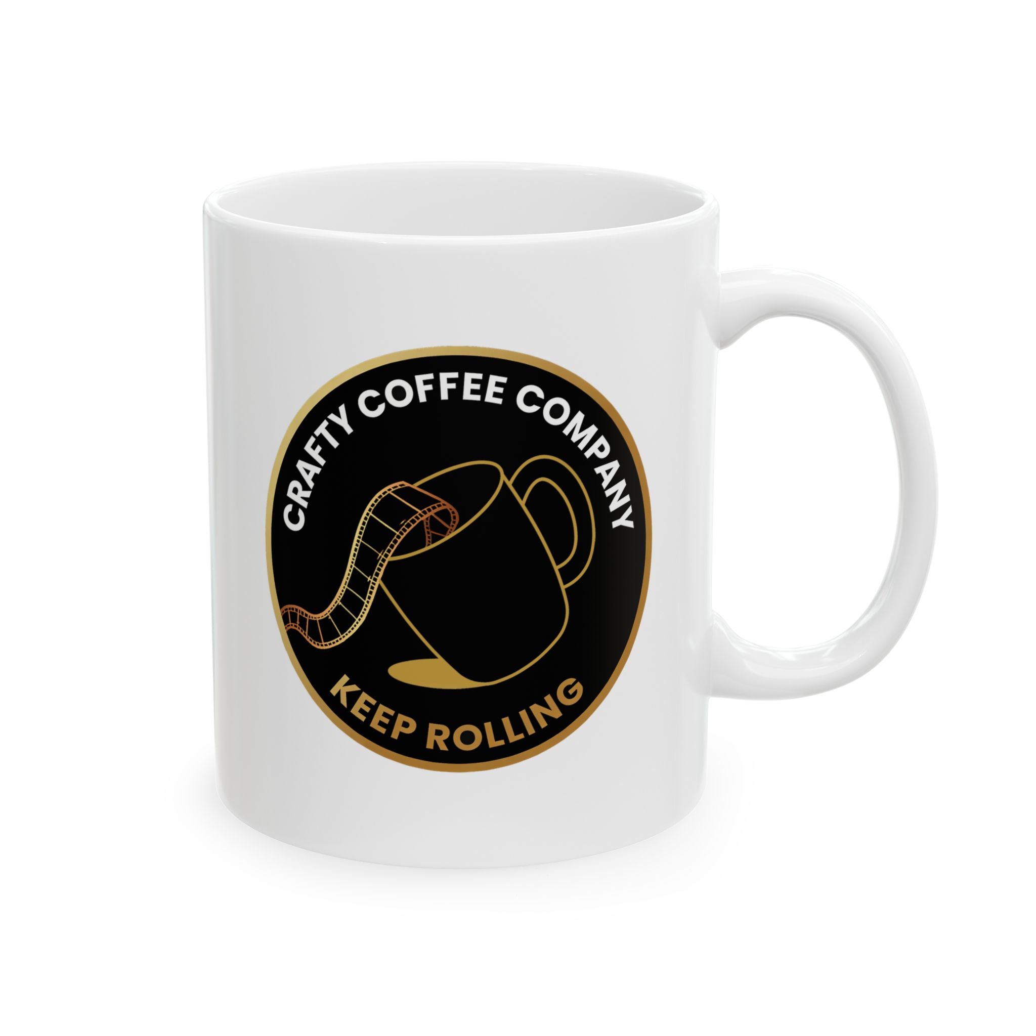 White mug with Crafty Coffee Company logo on a white background