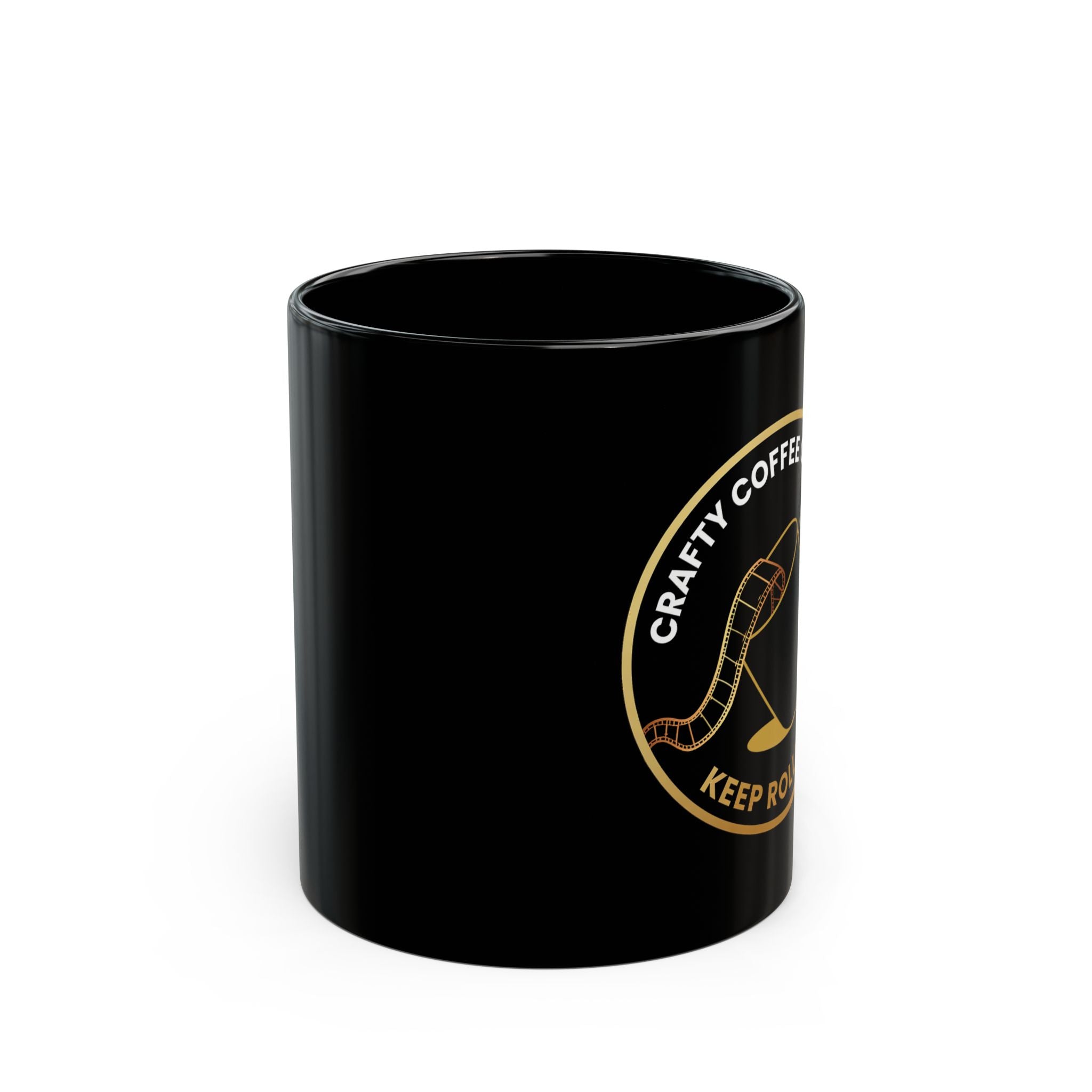 Black mug with  the Crafty Coffee Company logo on a white background