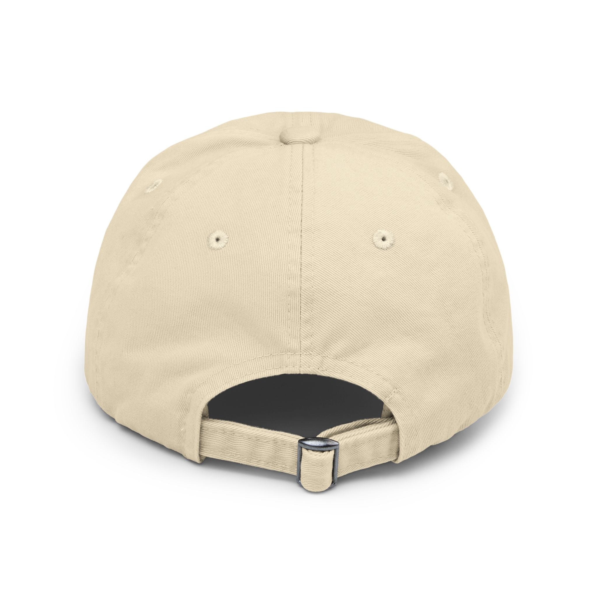 Rear view of a beige baseball cap on a white background