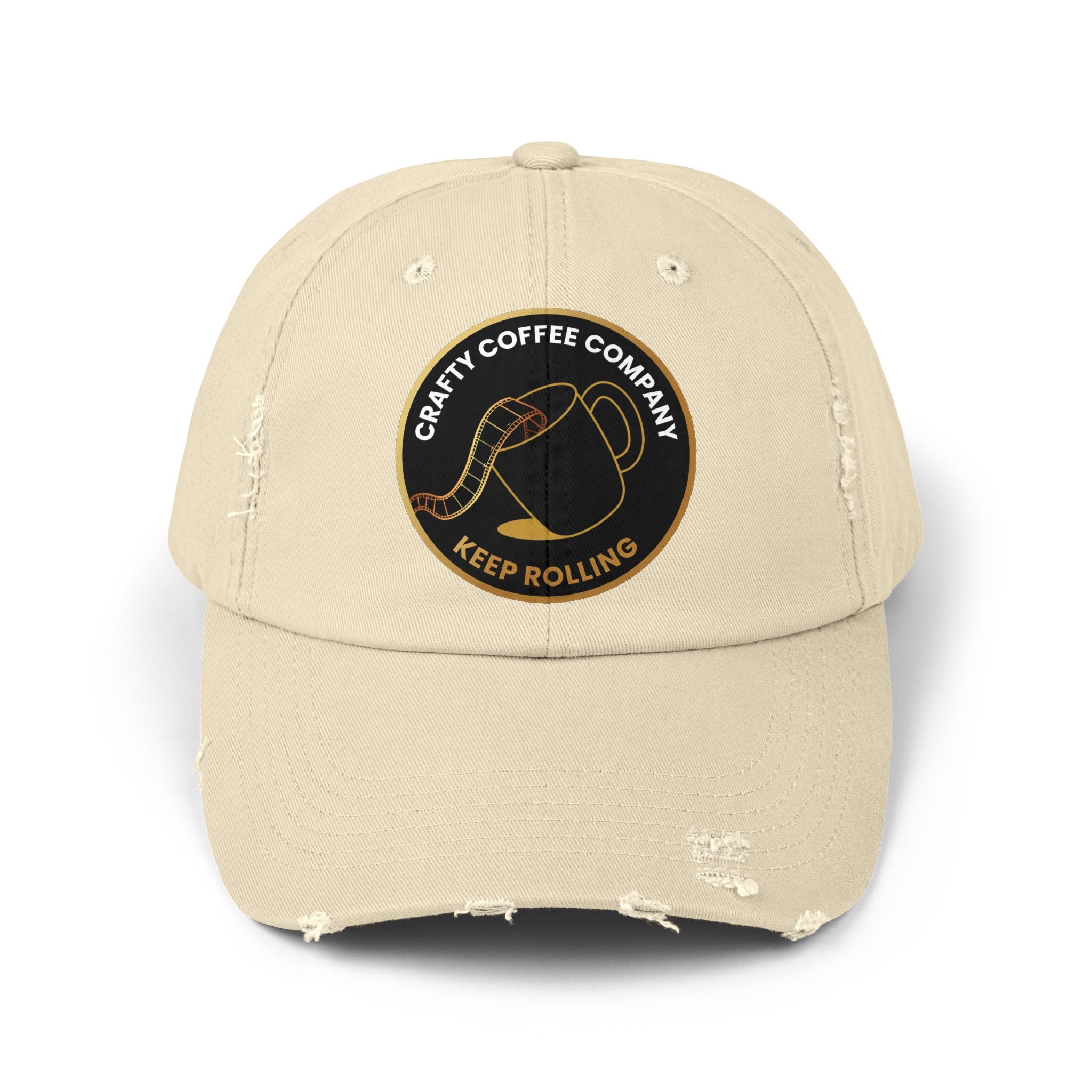 Beige cap with  the Crafty Coffee Company logo on a white background